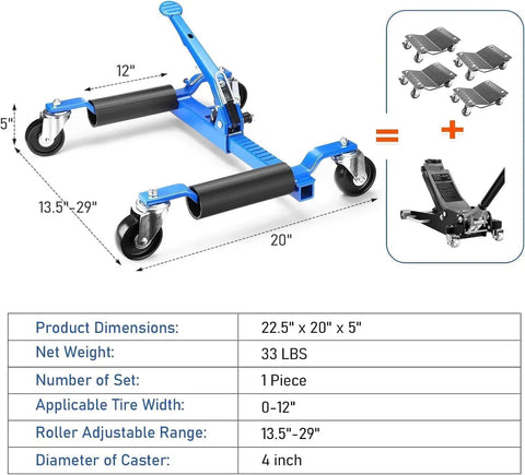 Heavy Duty Car Wheel Dollies With Ratcheting Foot Pedal, 1500 Lb Load Rating, Easy Peasy Rolling And Rock Solid Locking, Tough Garage Workhorses For Moving And Parking, Pack Of Two Blue Units dimensions with adjustable rollers.