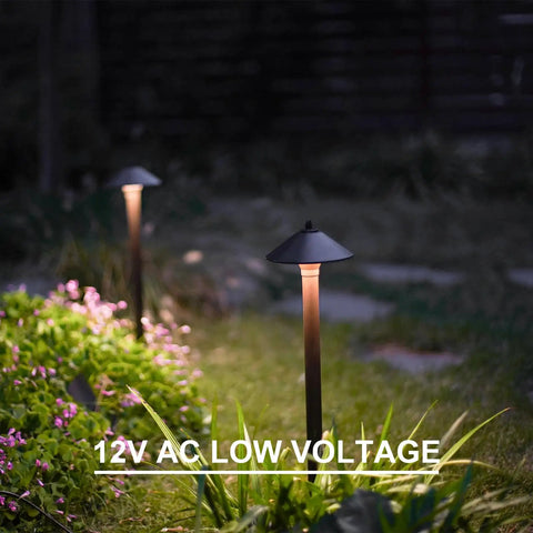 8 Pack Low Voltage Landscape Lighting Kit For Outdoor Paths And Walkways, bronze 10W path lights, garden view at night