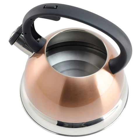 Flintshire 1.75 Quart Stainless Steel Whistling Tea Kettle With Copper Finish Flip Up Spout Cover Stay Cool Nylon Handle For Fast Easy Pour On The Stove