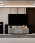 Modern living room with 7.5 Inch Flush Mount LED Ceiling Light With Cozy 2700K Glow, sleek furniture, and large TV