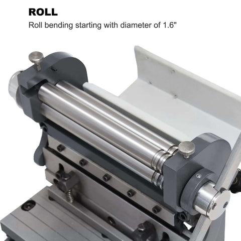 Close-up of 8 Inch 3 In 1 Metal Brake Shear Roll Machine for 20 Gauge Steel, showing roll feature for cone rolling and bending.