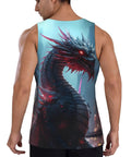 Rock Solid Black Mechanical Dragon Print Workout Tank Top For Men, back view showcasing dragon design on lightweight fabric.