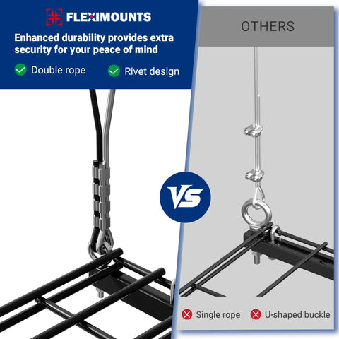 Heavy Duty Overhead Garage Storage Rack 4X4 Ft Ceiling Hoist System Adjustable Metal Organizer holds up to 350 pounds, showing double rope and rivet design.