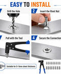 Heavy Duty Fifty One Piece Flower Nuts Screws Kit installation process, showing drill, rivet nut insertion, and securing tool.
