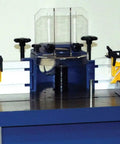 Beefy 3HP Single Phase Woodworking Shaper with cast iron table and 1-1/4 inch spindle, featuring cabinet stand, wheels, and locks