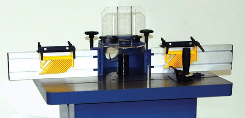 Beefy 3HP Single Phase Woodworking Shaper with cast iron table and 1-1/4 inch spindle, featuring cabinet stand, wheels, and locks