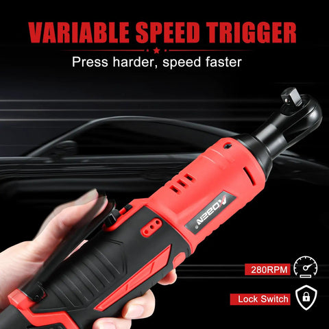 Kickass 3 8 Cordless Ratchet Wrench Kit Packing 40 Ft Lbs Of Beefy Torque With Variable Speed Trigger shown in hand.