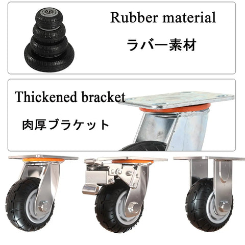 Built Tough 4 Inch Heavy Duty Rubber Casters Set Two Locking Swivel Wheels Plus Two Fixed Rollers showing rubber wheels and thickened bracket.