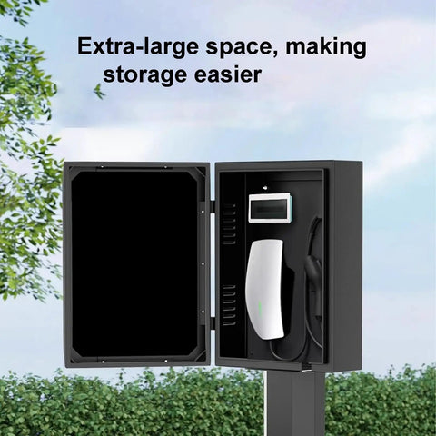 Locked Down Tight Heavy Duty EV Charger Shelter Build Like A Tank Weatherproof Floor Pedestal with extra-large storage space open.