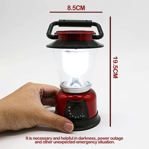 Hand holding red Battery Powered LED Lantern With Variable Power For Camping Dimmable COB LED Light With measurement guide