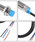 Close-up of Inductive Proximity Sensor 8mm Detecting Distance 3 Pack NPN NO DC 6-36V 3-Wire M18 Switch showing wires and connectors