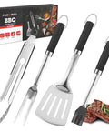 Heavy Duty BBQ Tool Set With Premium Stainless Steel Spatula Fork Brush And Tongs For Grilling Lovers Outdoors A Top Notch Gift Idea For Men And Women Who Live For The Grill displayed with box
