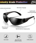 Badass Bulk Pack Safety Glasses Polycarbonate Lenses Black Tinted Antiscratch Impact Resistant Ansi Certified angled view with lightweight design.