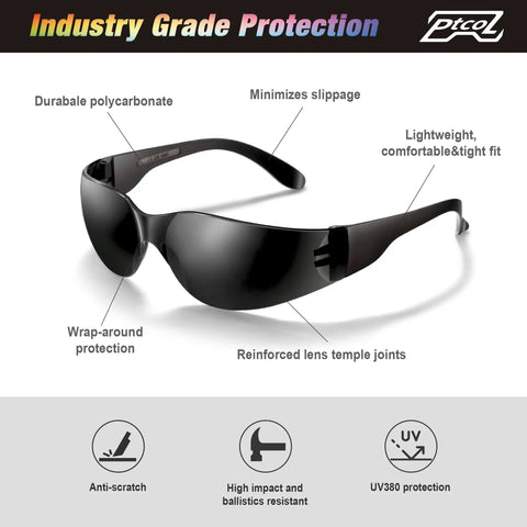 Badass Bulk Pack Safety Glasses Polycarbonate Lenses Black Tinted Antiscratch Impact Resistant Ansi Certified angled view with lightweight design.