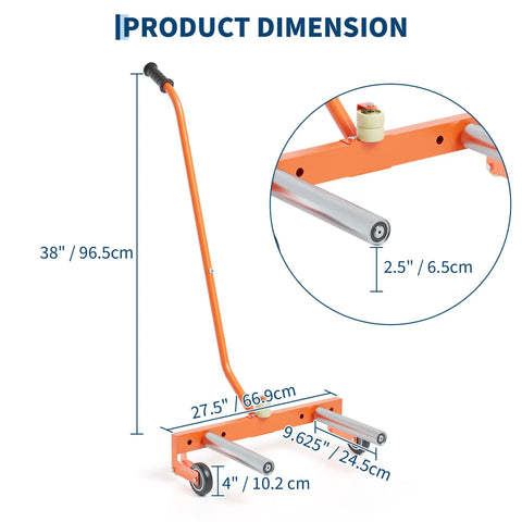 Rock Solid Heavy Duty Tire Dolly Featuring Adjustable Steel Construction And Smooth Rollin Motion dimensions showing the handle and rollers.