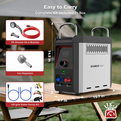 Nano 3 Portable Propane Water Heater With Pump Kit For Camping And RVs Ultra Compact And Lightweight shown with accessories
