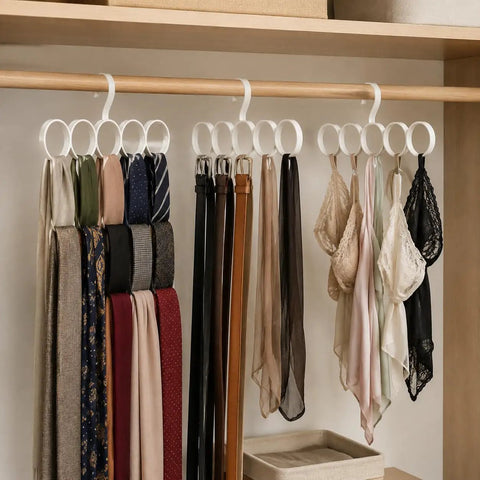 Slick Closet Organizer And Scarf Hanger That Crushes Your Morning Clutter With Wide Loops For Quick Belt Tie And Hijab Storage A Total No Sweat Daily Essential And Big Time Gift - showing multiple scarves and belts organized neatly.