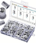 335 Piece Rivet Nut Kit With Seven Metric Sizes M3 To M12 in transparent organizer box with labeled compartments