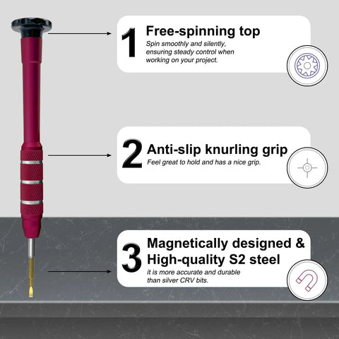 1.5Mm Precision Flat Head Screwdriver For Electronics with Magnetic S2 Steel Tip, Anti Slip Aluminum Handle, Free Spin Cap illustrated features