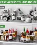 Clear Rectangular Lazy Susan For Refrigerator Smooth As Butter Turntable Organizer showing organized condiments and spice jars, 13x8.5x2in, two-piece set.