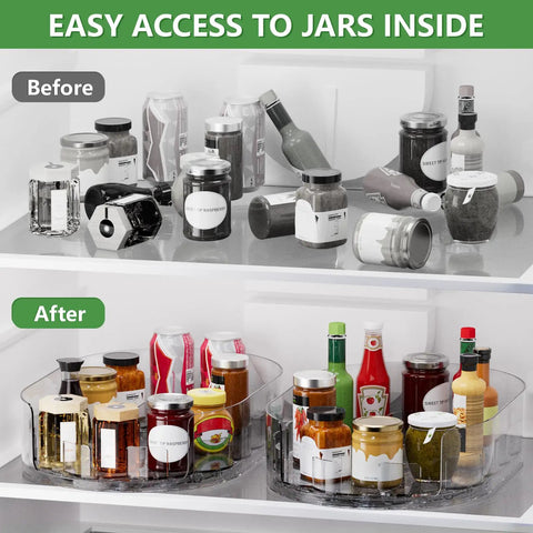 Clear Rectangular Lazy Susan For Refrigerator Smooth As Butter Turntable Organizer showing organized condiments and spice jars, 13x8.5x2in, two-piece set.