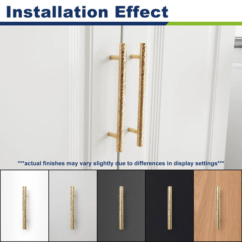 Top Shelf Six Pack Solid Brass T Bar Cabinet Pulls Hella Durable Gold Hardware For Kitchens And Dressers Clean Hammered Polish With Five Inch Center Spacing shown on white cabinet.