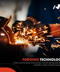 Sparks flying during the forging process of an Eight Piece Front Suspension Upgrade Kit With Rock Solid Lower Control Arms And Ball Joints For Audi A3 And Volkswagen Jetta Models Straight Bolt On Swap Guaranteed No Drama Fix For Smoother Turning Radius.