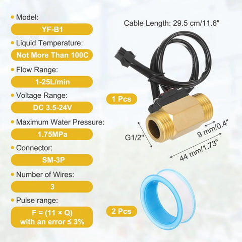 One Half Inch Hall Effect Water Flow Sensor Brass Body Flow Meter With PTFE Tape 1 to 25 L Per Minute For Heaters Dispensers And Home Plumbing Plug And Play Flow Switch And Flow Meter For Boilers And Automatic Vending Machines