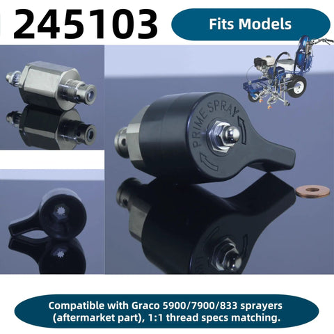 Image of Upgraded 245103 Prime Spray Valve Kit with Drain Valve for airless paint sprayers, compatible with Graco 5900 7900 833 series models.