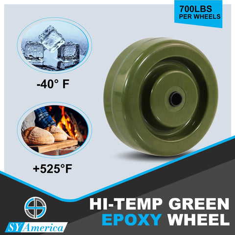 4 Inch By 1.5 Inch High Temp Green Epoxy Caster Wheels Set Of 4 For Industrial Bakery And Oven Racks With 3/8 Inch Bore Bearings And 2800 Lbs Capacity, Shock Resistant And Chemical Resistant