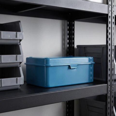 Heavy Duty Vintage Iron Tool Box For Home Garage Workshop, Built Tough Metal Storage Case on shelf for tool organization.