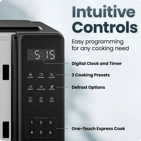 Intuitive controls of No Sweat Compact Countertop Microwave Oven 0.7 Cubic Foot 700 Watts featuring digital clock and presets.