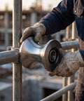 Sturdy Nylon Pulley Wheel With Ball Bearing handles, showing a worker securing it on a scaffold tube for rigging tasks.