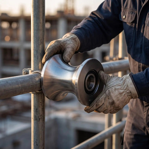 Sturdy Nylon Pulley Wheel With Ball Bearing handles, showing a worker securing it on a scaffold tube for rigging tasks.