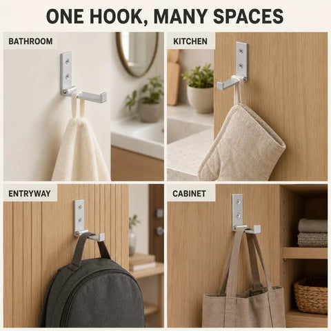 Legit Heavy Duty Folding Wall Hooks 4 Pack Silver Aluminum Alloy Flip Down Coat Rack displayed in bathroom, kitchen, entryway, and cabinet.