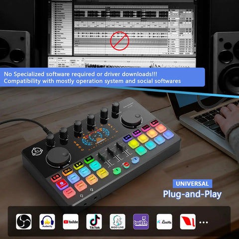 Pro Level Dual Microphone Podcast Bundle Slick Rgb Audio Mixer With 48V Phantom Power, showing controls and compatibility features.