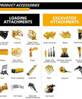 Accessories for 4WD Backhoe Loader With 2.4m Digging Depth, Tractor Loader Digger, showing various loading and excavator tools.