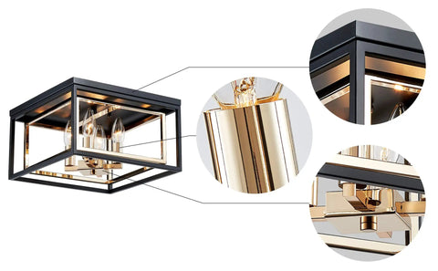 Modern Flush Mount Ceiling Light With E12 Base Three Lights Close To Ceiling Design Matte Black Exterior And Glossy Gold Inner Finish