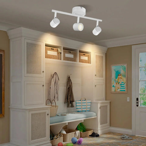 Room with Arcfox 24W Three Light LED Track Lighting Kit With Dimmable Rotatable Heads 3000K, highlighting built-in shelves and coat area.