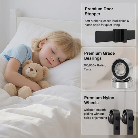 Child peacefully sleeping with a teddy bear in bed, showcasing Premium Door Stopper, Bearings, and Nylon Wheels.