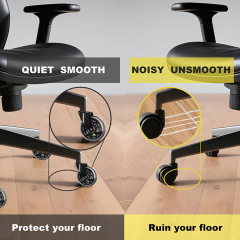 Heavy Duty Rubber Chair Wheels Replacement Set Of 5 For Hardwood Floors And Carpet visible on office chairs showing quiet rolling