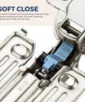 Close-up of Heavy Duty Full Overlay Soft Close Cabinet Hinge showcasing the damper and spring mechanism, ideal for kitchens.