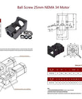 Bad Ass 25Mm Cnc Anti Backlash Ballscrew Kit, 1200Mm SfU2504 Precision Screw Assembly NEMA 34 motor bracket and components diagram