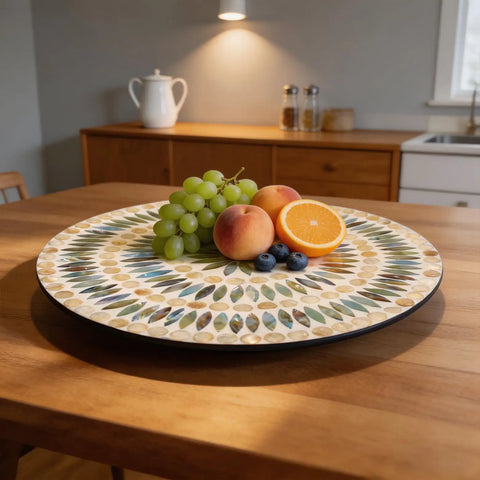 13.4 Inch Round Mother Of Pearl Lazy Susan With Dot Blue Shell Design Hella Smooth Rotating Turntable Tray displaying fruit.