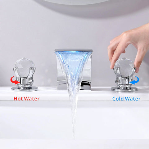 LED Waterfall Bathroom Faucet With Temperature Sensitive Light, 8 Inch Widespread 3 Hole Vanity Tap, Polished Chrome With Crystal Handles