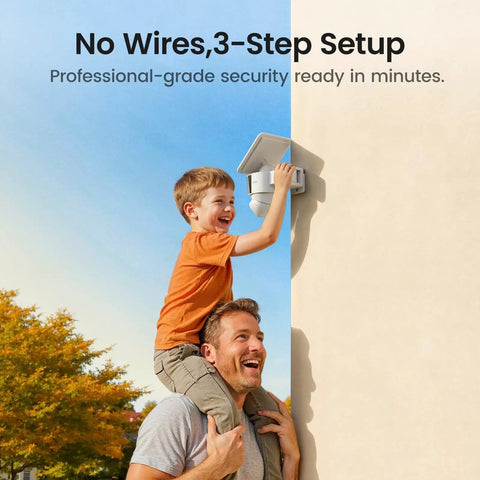 Child on father's shoulders installing Dual Lens Outdoor Security Camera System With 170 Degree Wide Angle And 360 Degree PTZ