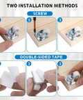 Installation methods for Eight Pack Mini Caster Wheels 0.6 Inch Low Profile Swivel Casters using screws or adhesive tape on wood.