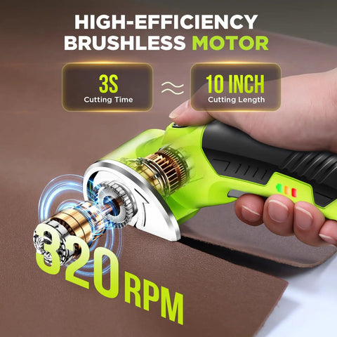 Top Shelf Cordless Electric Scissors Built Different To Crush Cardboard And Fabric Like A Slick Pro Featuring Dual Rotary Blades LED Safety Lock and Quick Charge Battery in use on brown leather