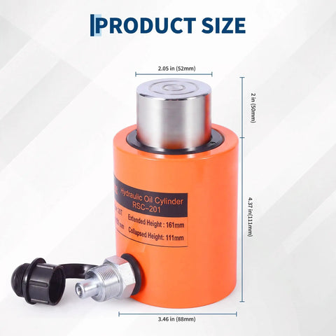 Top Shelf 20 Ton Hydraulic Cylinder Jack For Beefy Industrial Lifting And Pushing Orange Steel Body Smooth Stroke Action Unstoppable Shop Muscle Your New Go To Rig showing dimensions and product size.