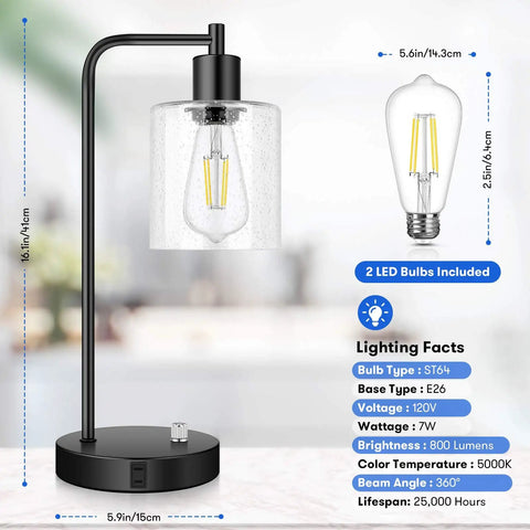 Two Pack Fully Stepless Dimmable Industrial Table Lamps With USB Ports And AC Outlet Seeded Glass Bedside Desk Lamps display